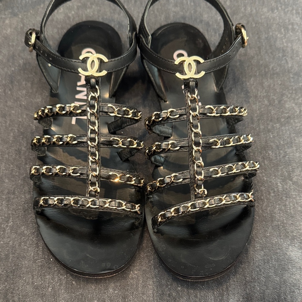 CHANEL Black Sandals with Gold Chain Detail